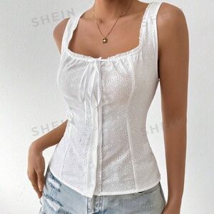 Button Up Eyelet Embroidered Tank Top
